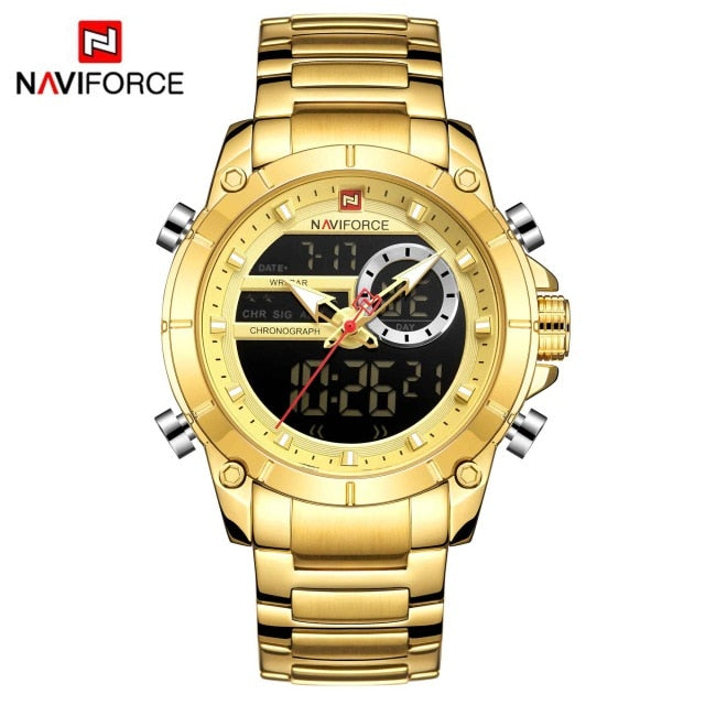 NAVIFORCE Men Military Sport Wrist Watch Gold Quartz Steel Waterproof Dual Display Male Clock Watches Relogio Masculino 9163