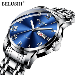 BELUSHI Top Brand Luxury Mens Watches Luminous Waterproof Stainless Steel Watch Quartz Men Date Calendar Business Wristwatch