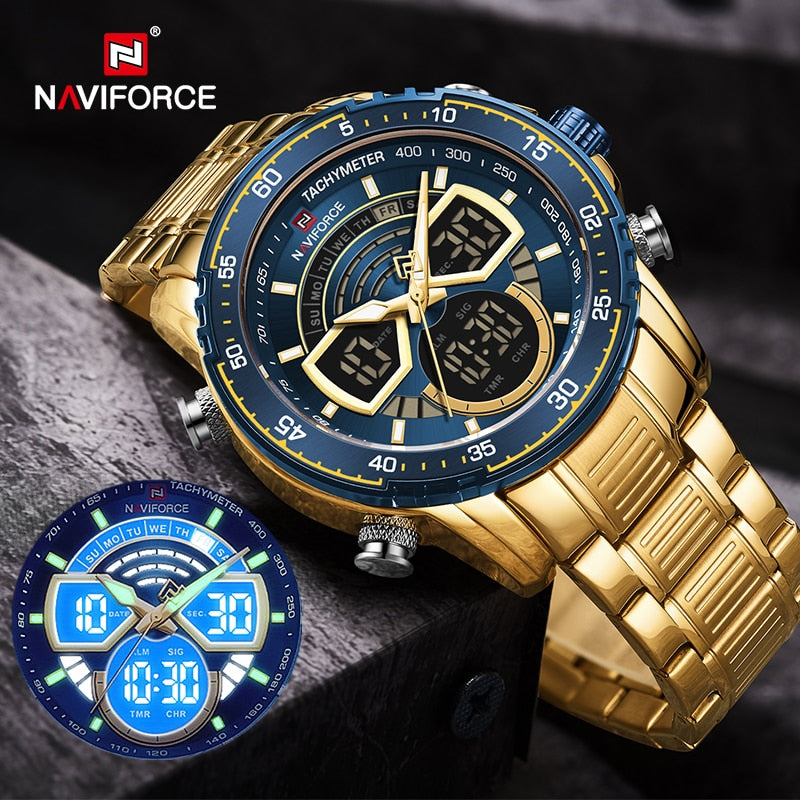 NAVIFORCE Men's Military Sports Waterproof Watches Luxury Analog Quartz Digital Wrist Watch for Men Stainless Steel Gold Watches