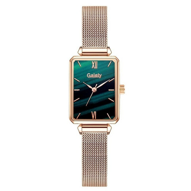 Gaiety Brand Women Watches Fashion Square Ladies Quartz Watch Bracelet Set Green Dial Simple Rose Gold Mesh Luxury Women Watches