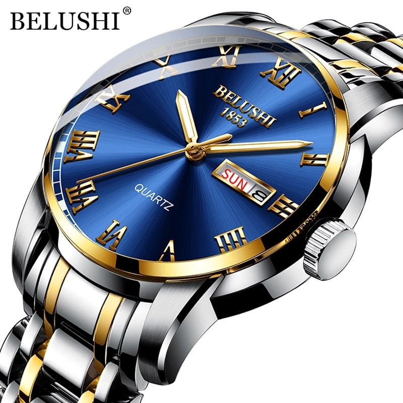 BELUSHI Top Brand Luxury Mens Watches Luminous Waterproof Stainless Steel Watch Quartz Men Date Calendar Business Wristwatch